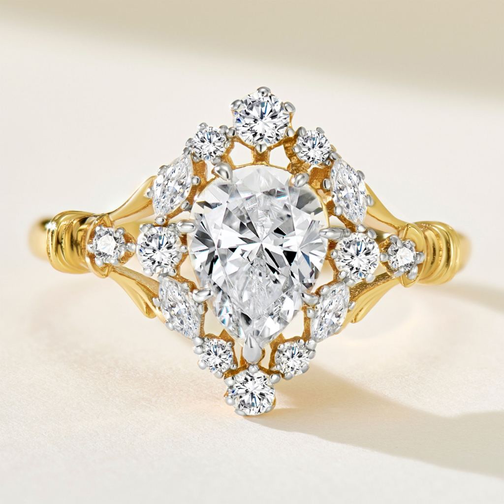 Symmetric front view of an 18K gold plated 925 silver ring, with a pear-shaped 5A zircon center and clustered small zircons