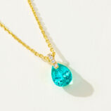 side view close-up of gold plated Minimalist Sterling Silver Pear-Shaped Paraiba Necklace