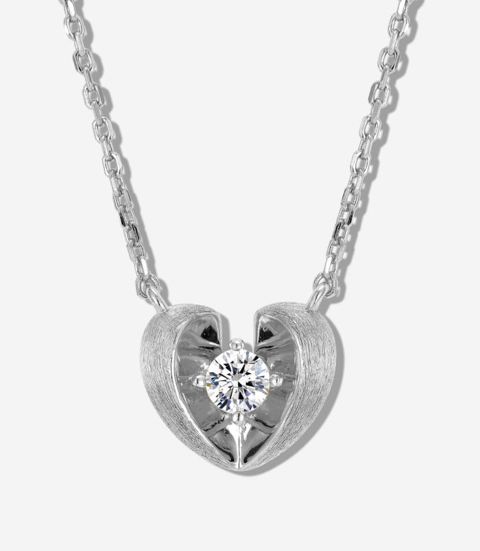 Rhodium plated 925 Sterling Silver Brushed Heart Necklace front view close-up of Rhodium plated 925 Sterling Silver Brushed Heart Necklace