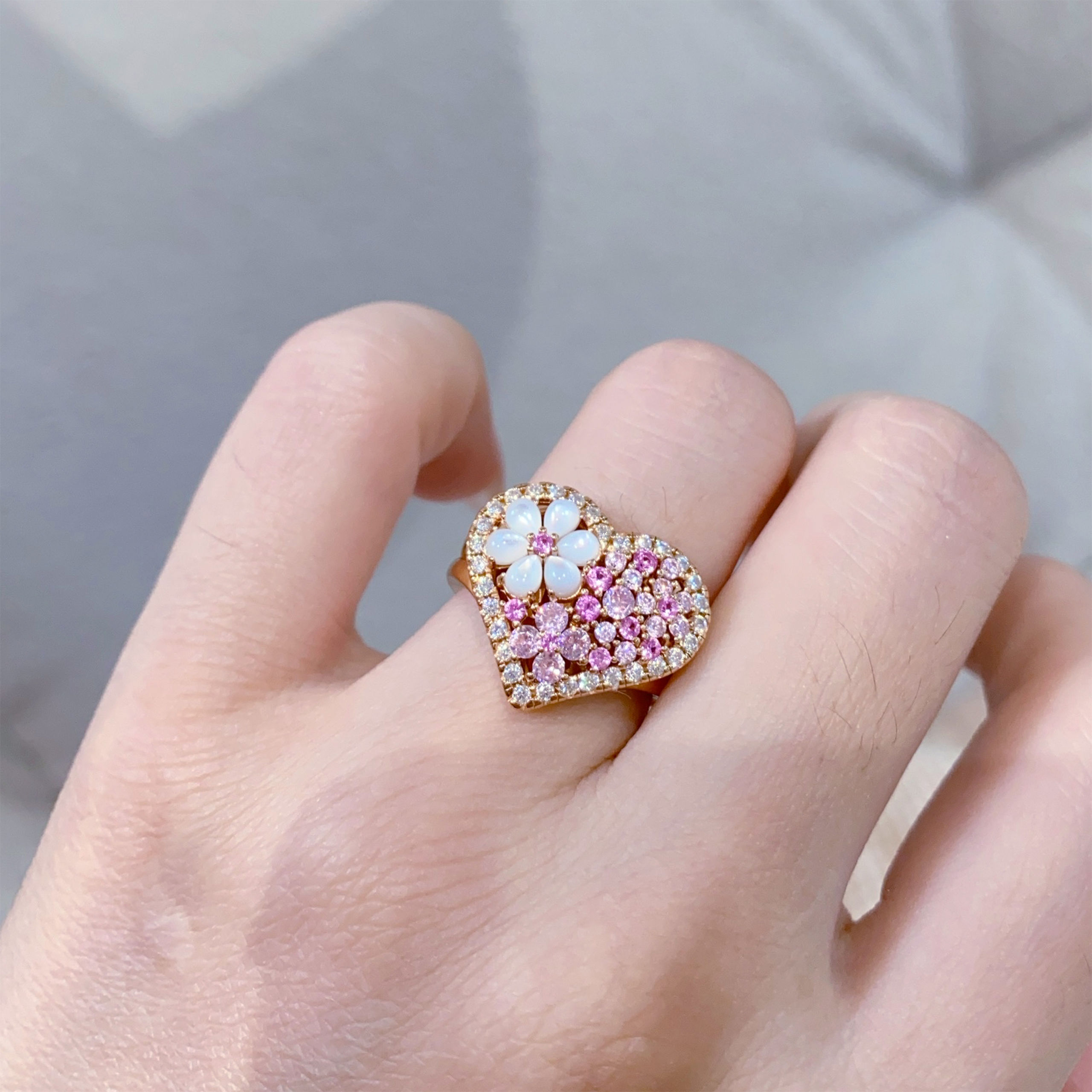 Pink Diamond Flower Heart Ring|Silver Ring - 图片 4