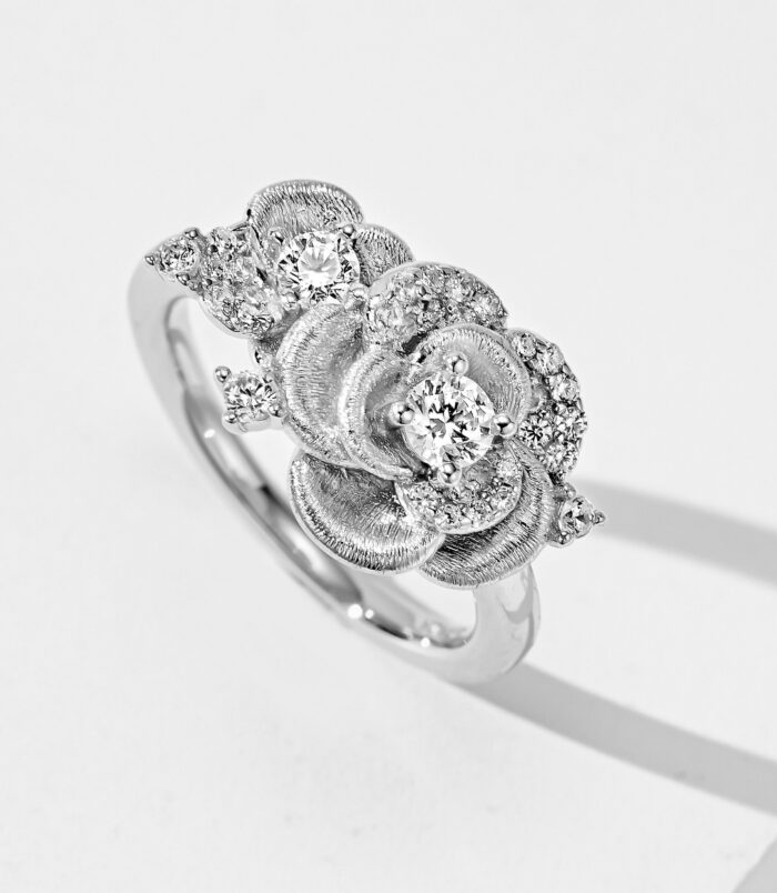 side view close-up of Romantic Rose Design Sterling Silver Ring