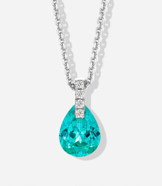 Elegant sterling silver necklace featuring a large pear-shaped brilliant-cut teal cubic zirconia stone at the center, topped with a row of round brilliant-cut white cubic zirconia stones, creating a sophisticated and eye-catching look perfect for adding a touch of glamour to any outfit.