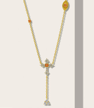 Elegant gold-plated sterling silver Y-necklace featuring a cross-shaped pendant adorned with round white cubic zirconia stones and a central round orange cubic zirconia stone, complemented by a small round orange cubic zirconia stone on the upper chain and a small teardrop-shaped pendant with round white cubic zirconia stones at the bottom, creating a sophisticated and eye-catching look perfect for adding a touch of elegance to any outfit.