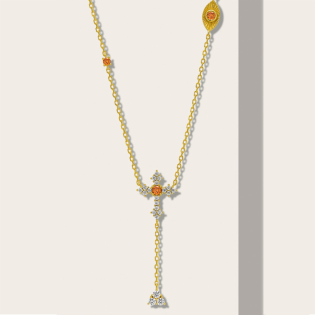 Orange Cross Necklace | Silver Necklace