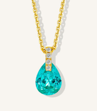 front view close-up of gold plated Minimalist Sterling Silver Pear-Shaped Paraiba Necklace