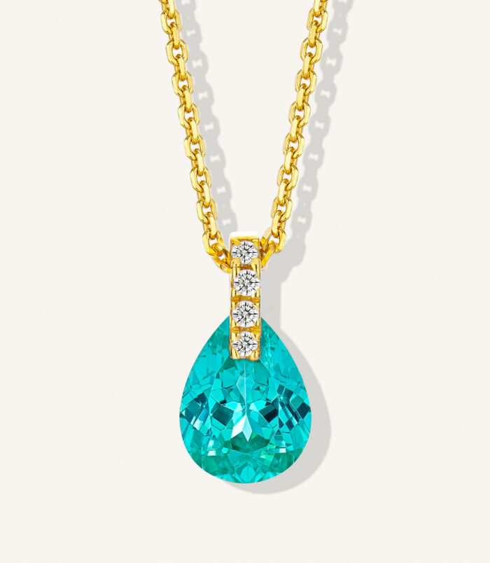front view close-up of gold plated Minimalist Sterling Silver Pear-Shaped Paraiba Necklace