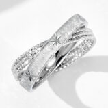 side view close-up details of Rhodium plated Sterling Silver Star Engraved Textured Bands