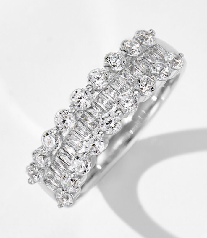 Front view of T-Cut half-hoop diamond 925 silver ring