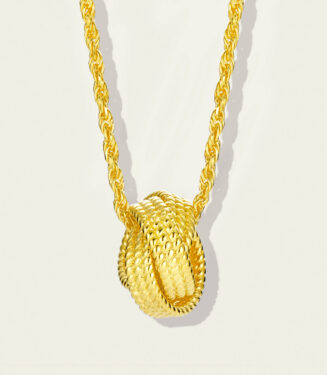 Stylish gold-plated sterling silver necklace featuring a unique knot-shaped pendant with a textured finish, paired with a classic rope chain, creating a modern and sophisticated look perfect for adding a touch of elegance to any outfit.