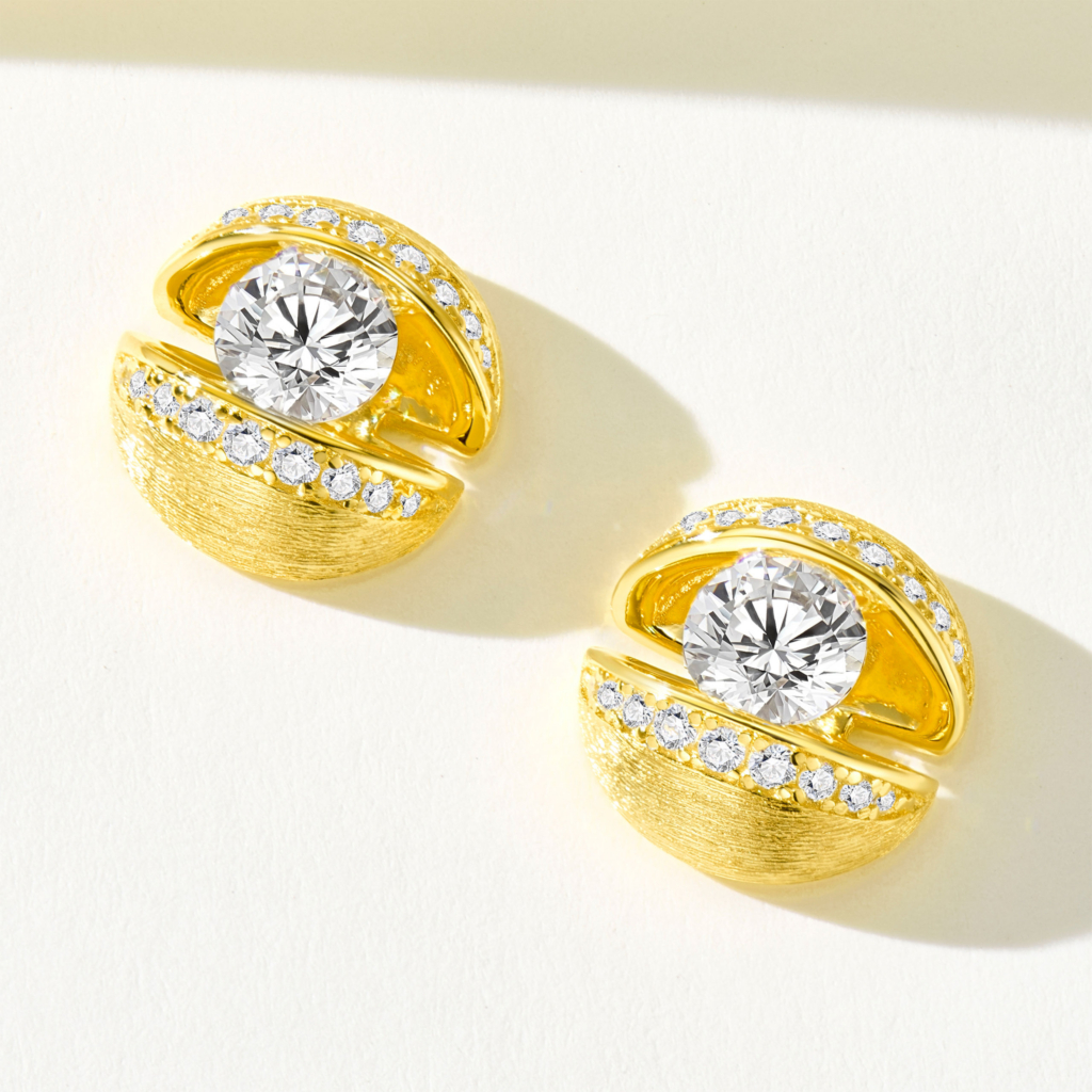 Gold-Plated Silver Earrings with Round Cubic Zirconia - Hypoallergenic Stud Earrings for Women