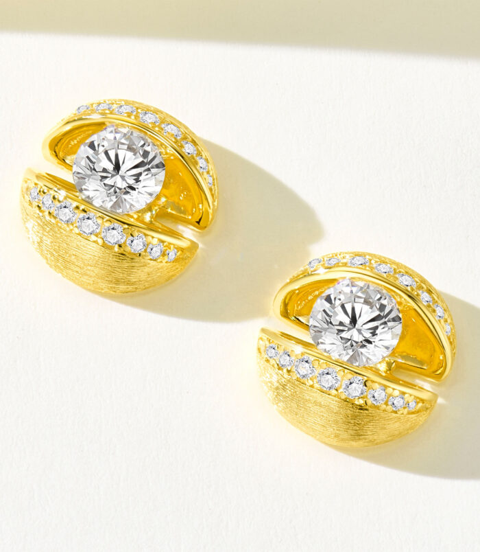 Gold-Plated Silver Earrings with Round Cubic Zirconia - Hypoallergenic Stud Earrings for Women