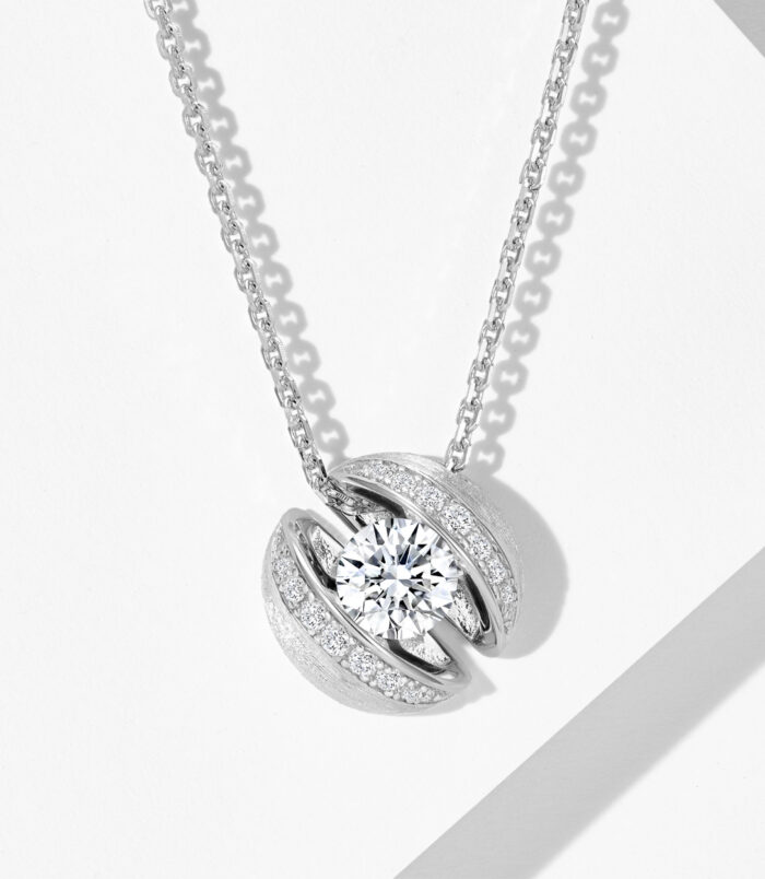 front view close-up of Rhodium plated Sterling silver brushed calla lily necklace