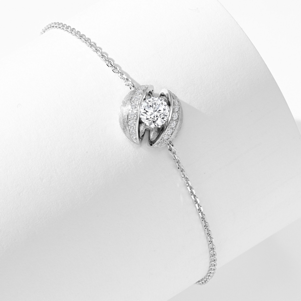side view of a Rhodium plated silver bracelet with sparkling cubic zirconia stones
