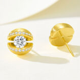 Gold-plated silver stud earrings with a central round cubic zirconia and halo of small stones, hypoallergenic design for women