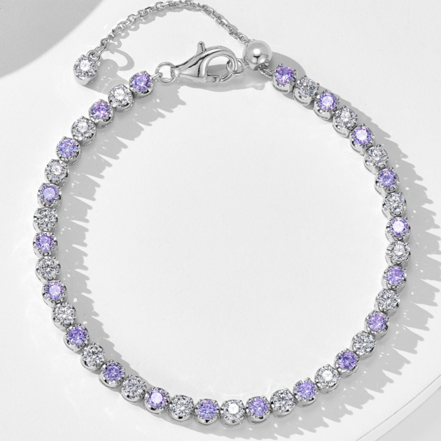 The 925 sterling silver bracelet shown on the front is set with purple and white zircon stones, making it elegant and dazzling, and suitable for matching any outfit.