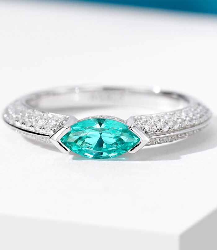 Marquise-cut Paraiba zircon 925 silver ring with rhodium plating