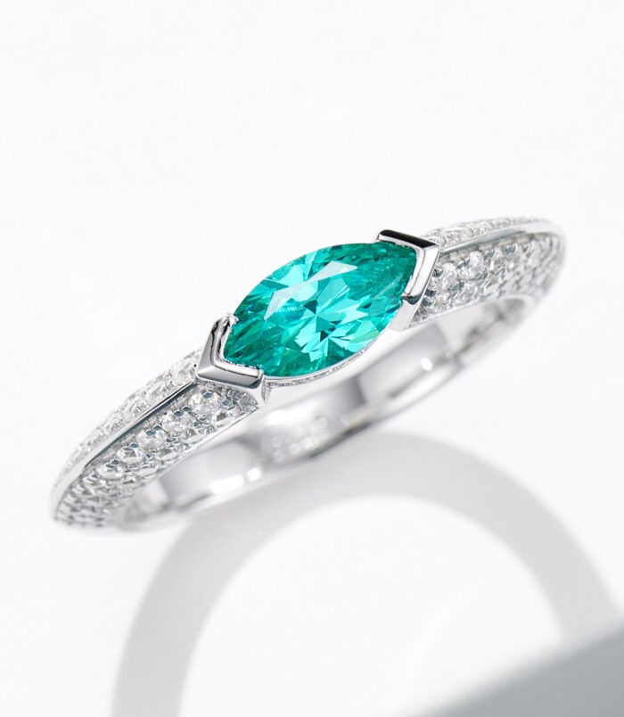 Angled perspective of marquise Paraiba 925 silver ring