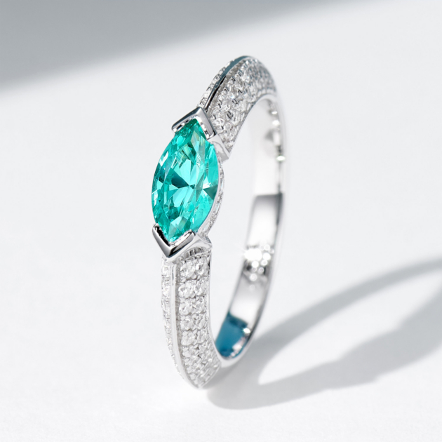 Side view of marquise Paraiba 925 silver ring with rhodium plating
