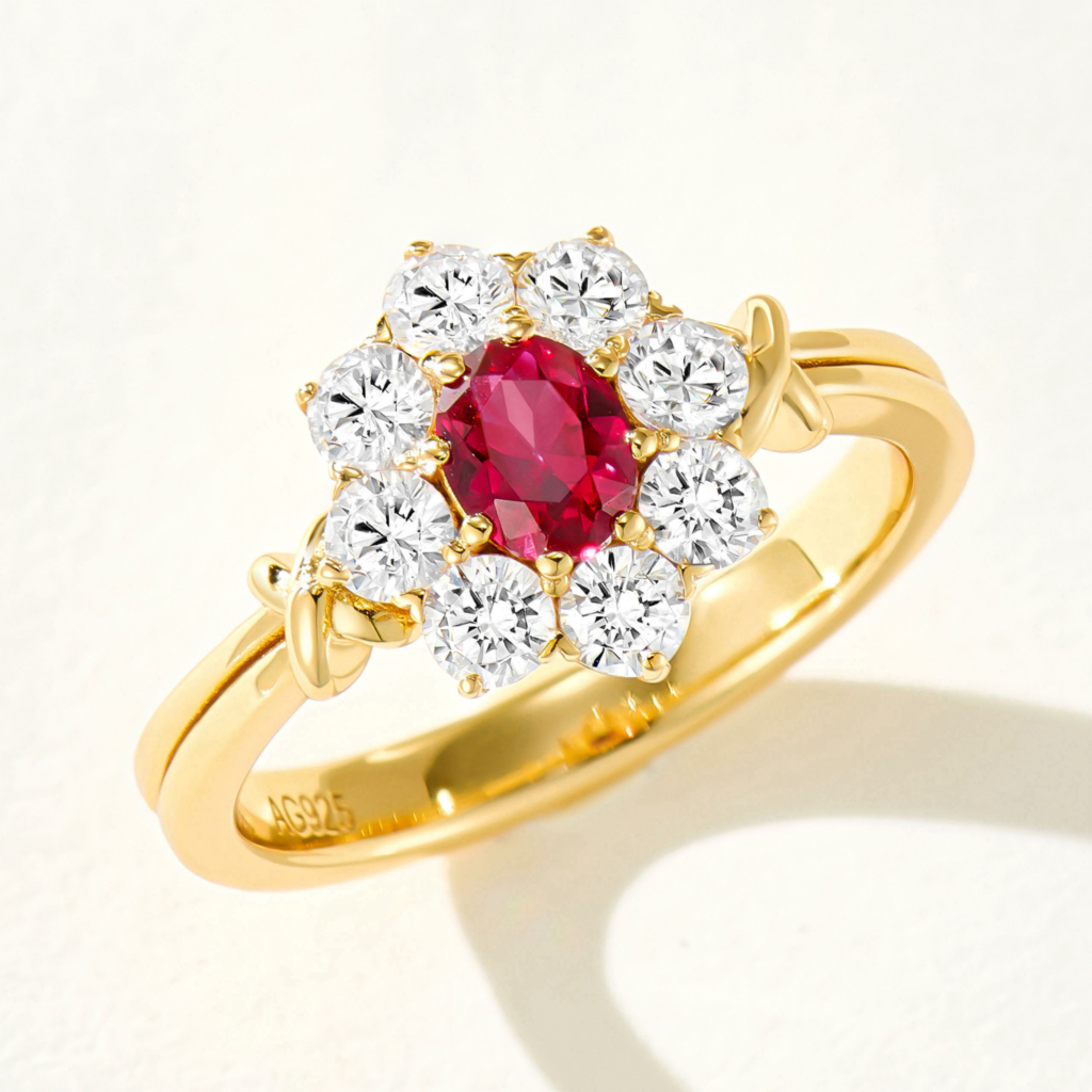 top view close up of Elegant Ruby & CZ Accented Gold-Plated Sterling Silver Ring