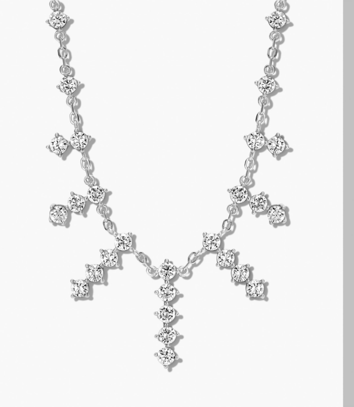 Rhodium plated Sterling silver tassel necklace close-up front view of Rhodium plated Sterling silver tassel necklace