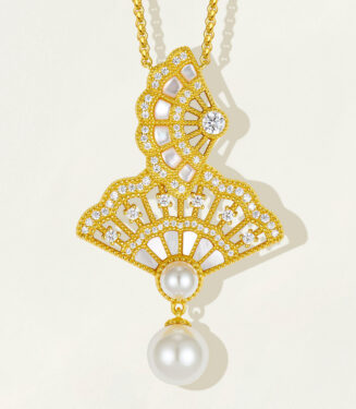 front side details of Sterling silver openwork fan necklace