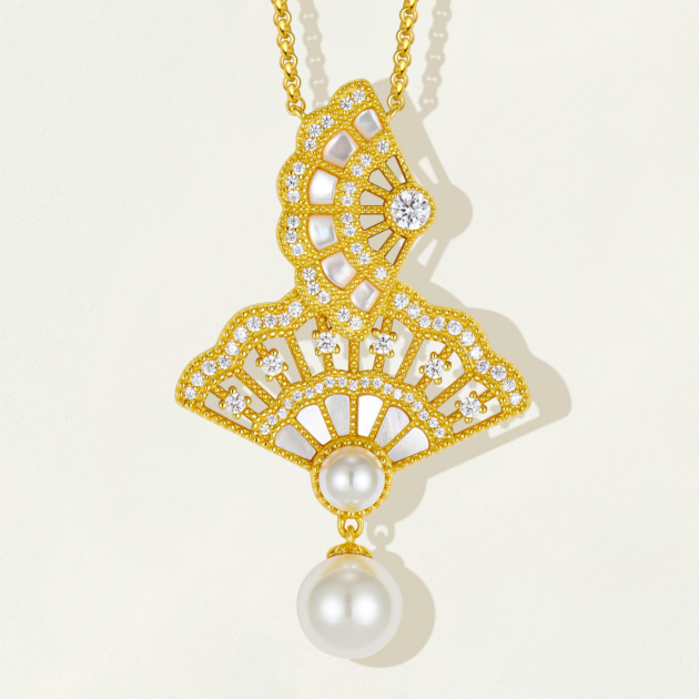 front side details of Sterling silver openwork fan necklace